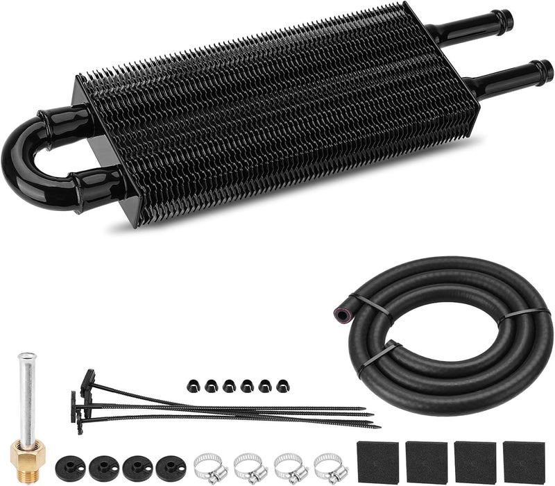 FILTERUP Upgrade 2 Pass Aluminium Transmission Oil Cooler, 5/16" Universal 2 Rows Tube And Fin Cooler Kit Engine With Hose Mounting, Black - Image 1